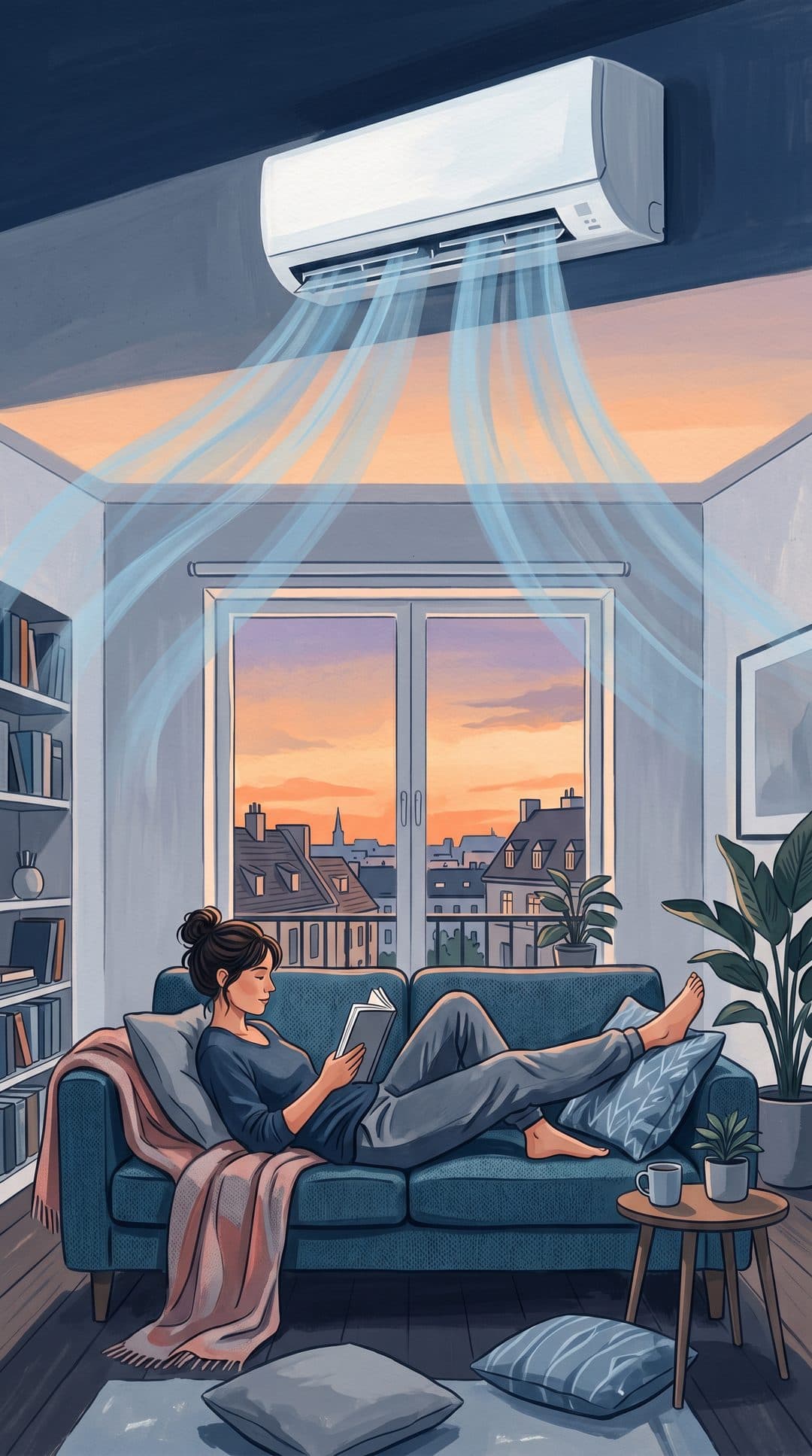Illustration: Wohnzimmer mit Split-Klimaanlage an einem heißen Sommerabend