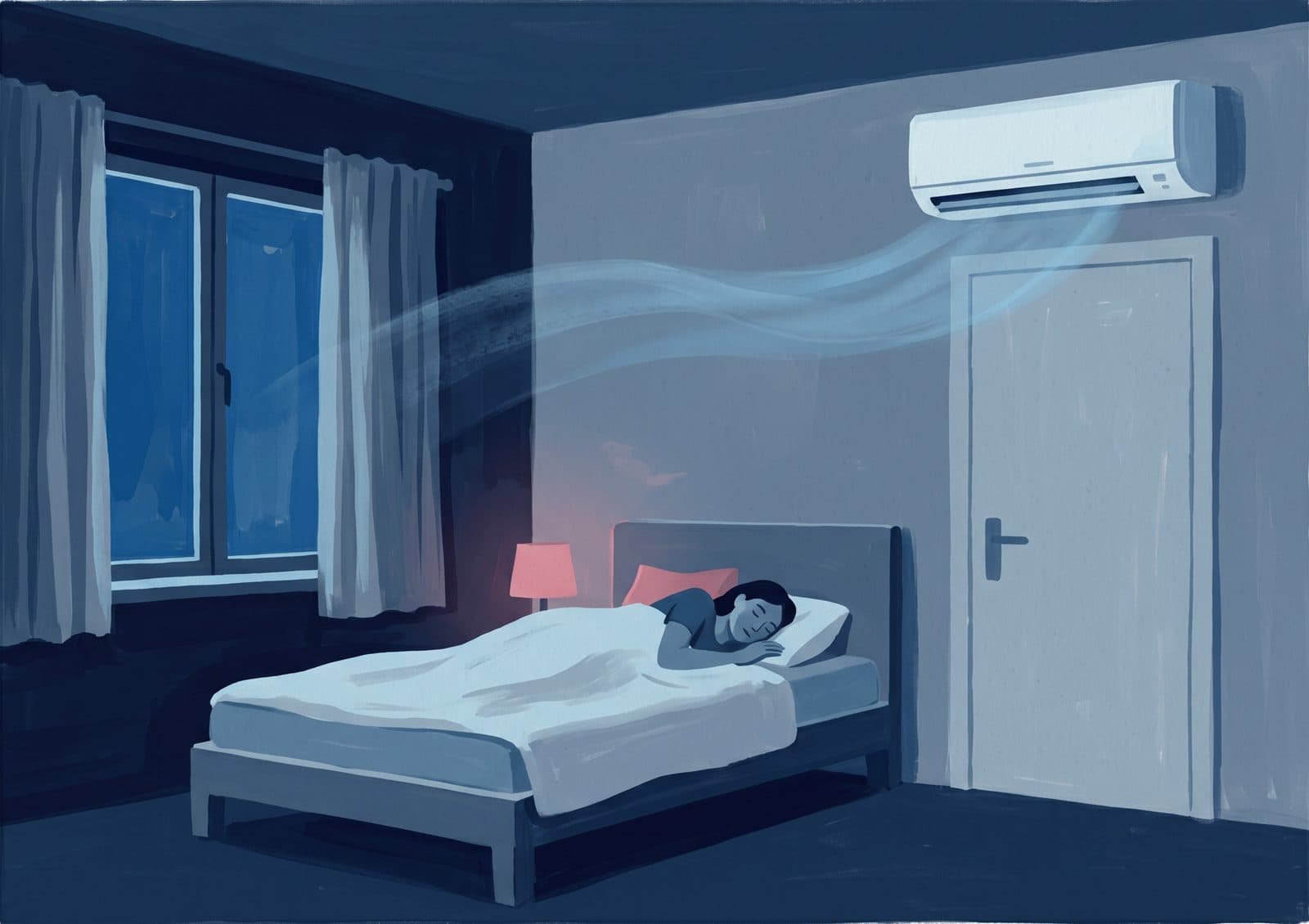 Illustration: Schlafzimmer bei Nacht mit kühlender Split-Klimaanlage