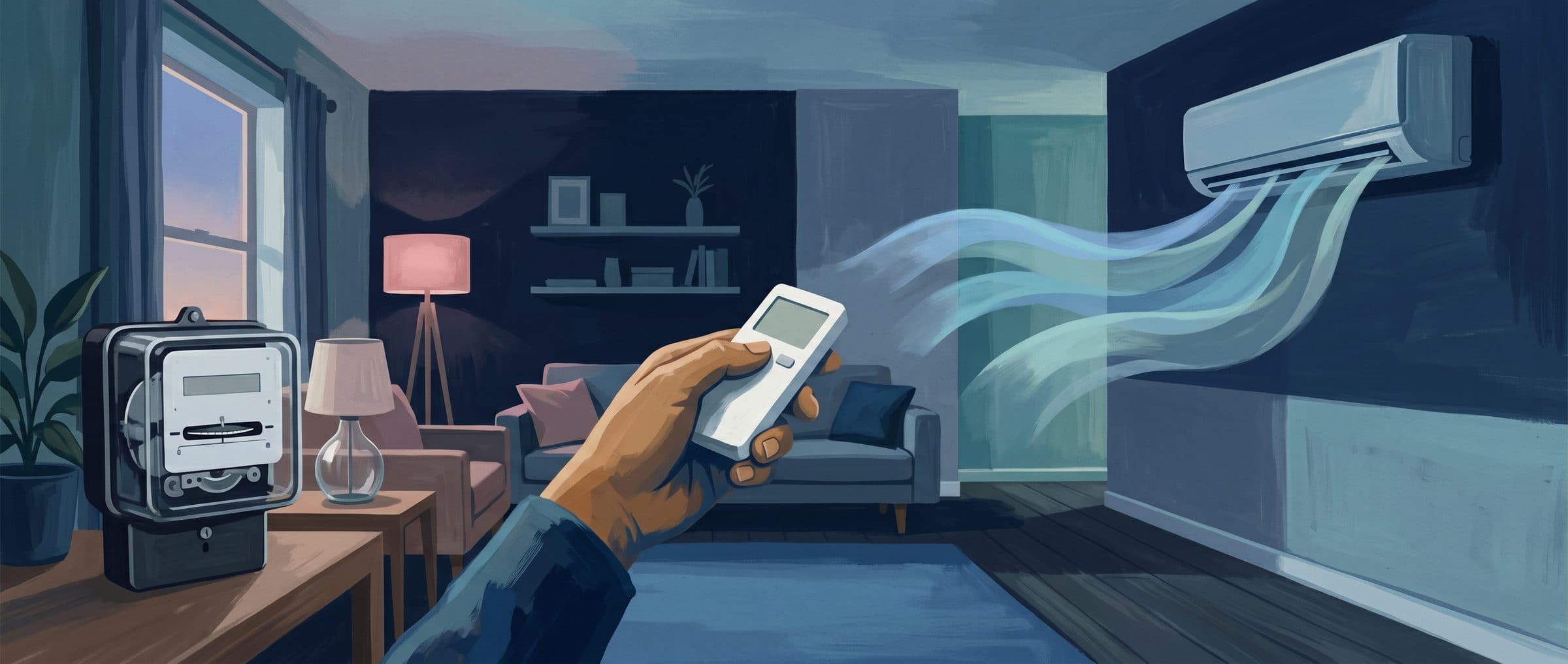 Illustration: Fernbedienung und Stromzähler neben einer laufenden Klimaanlage